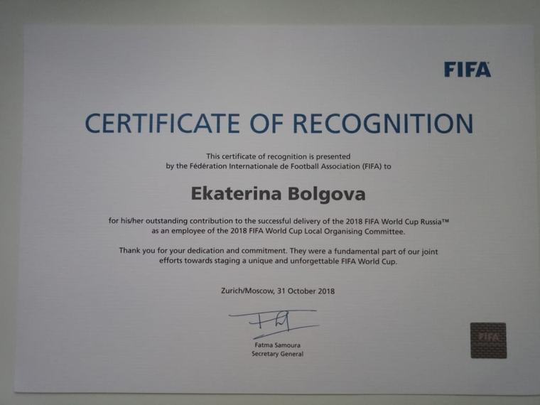 FIFA · Certificate of Recognition